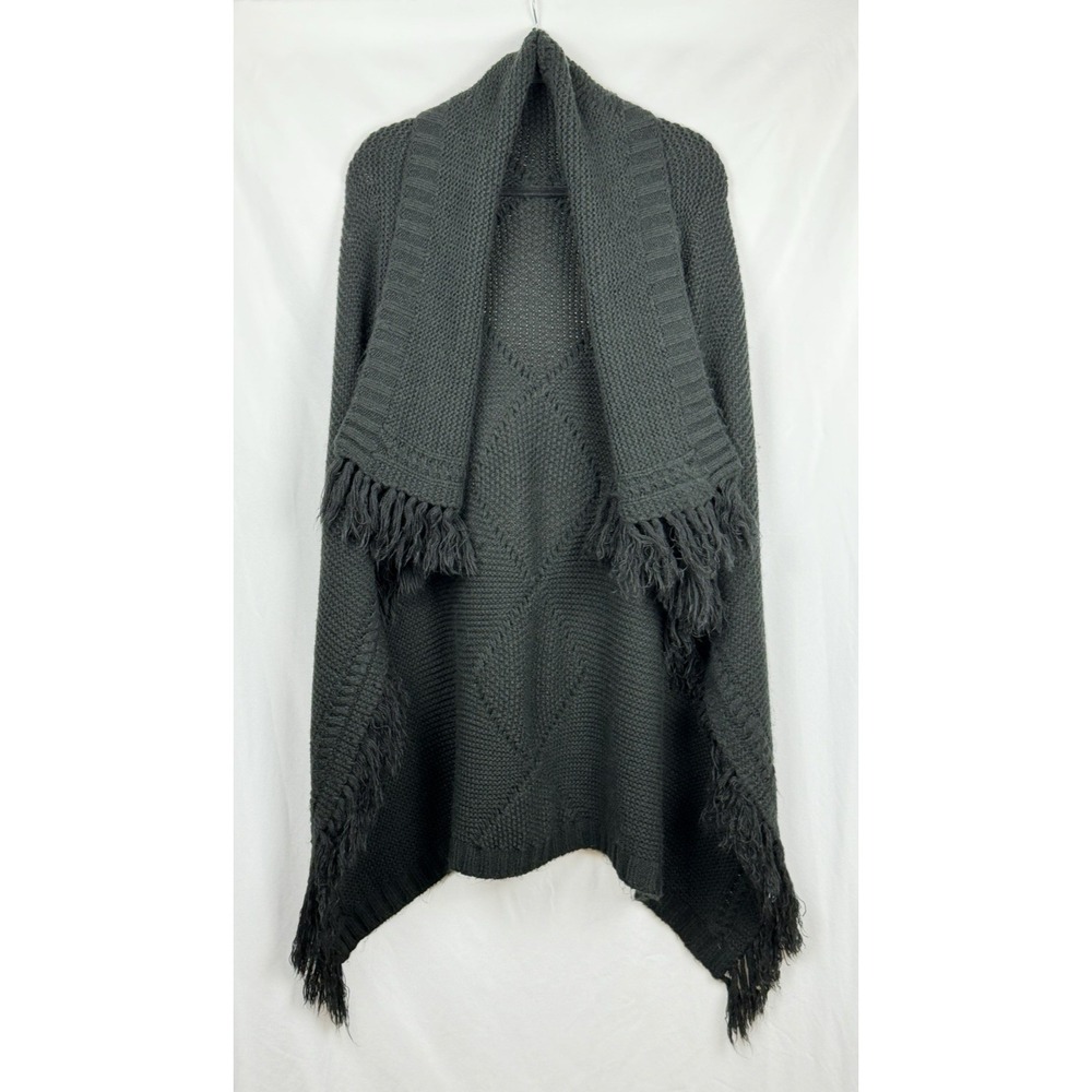 NWT World Market Black Cable Knit Fringe Poncho Sweater Wrap Cardigan OS